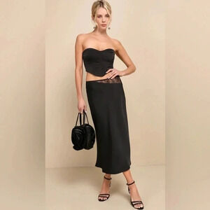 NEW with tags (NWT) Lulu’s Flawlessly Luxe Black Satin Lace Midi Skirt
